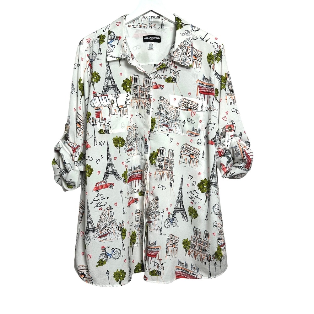 Karl Lagerfeld Paris Scenic City Print White Paris Sketch Roll Tab Blouse 2X